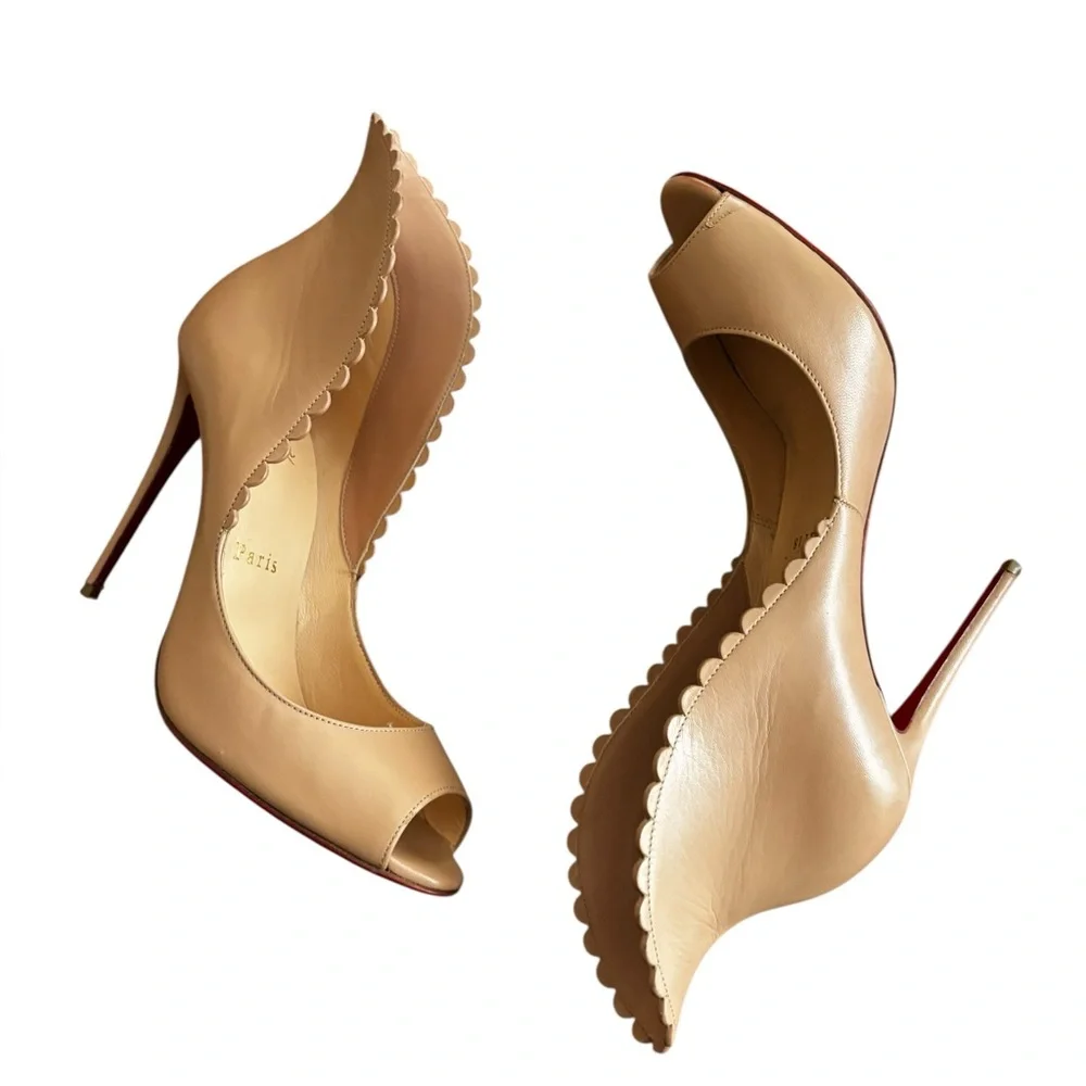 Christian Louboutin Pijonina 120 Peep Toe Scalloped Pumps Size 37.5 - Picture 5 of 15